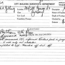 Building Inspectors Card: 280/288 George St, Sydney. Partitions 9th floor, approved 14/05/1968. 1 