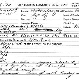 Building Inspectors Card: 630/634 George St, Sydney. Reinstatement after fire, approved 21/05/1968. 