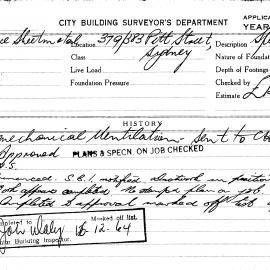Building Inspectors Card: 379/383 Pitt Street, Sydney. Mechanical ventilation, approved 21/08/1964. 