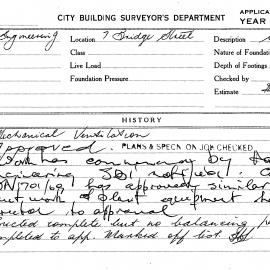 Building Inspectors Card: 7 Bridge Street, Sydney. Mechanical ventilation. 1 card.