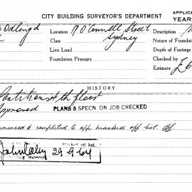 Building Inspectors Card: 17 O'Connell Street, Sydney. Partitions 4th floor, approved 17/08/1964. 1 