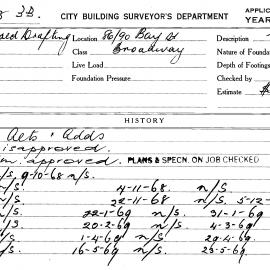Building Inspectors Card: 86/90 Bay St, Broadway. Alts & Adds, AM approved 30/08/1968, not started. 