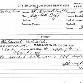 Building Inspectors Card: 67 Elizabeth Bay Road, Elizabeth Bay. Mechanical ventilation. 1 card.