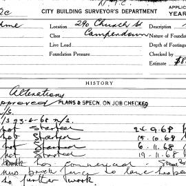 Building Inspectors Card: 290 Church St, Camperdown. Alterations, approved 12/07/1968. 4 Cards.
