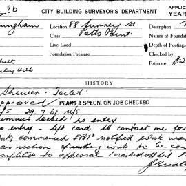 Building Inspectors Card: 88 Surrey St, Potts Point. Shower & toilet, approved 10/07/1968. 1 Card.