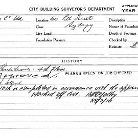 Building Inspectors Card: 60 Pitt Street, Sydney. Partitions, 4th floor. 1 card.