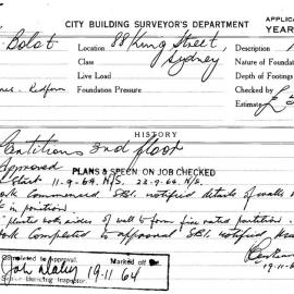 Building Inspectors Card: 88 King Street, Sydney. Partitions 3rd floor, approved 21/08/1964. 1 Card.