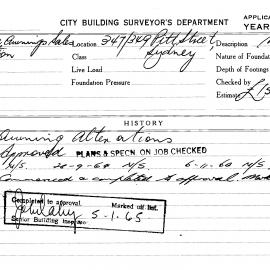 Building Inspectors Card: 347/349 Pitt Street, Sydney. Awning alterations, approved 21/08/1964. 1 