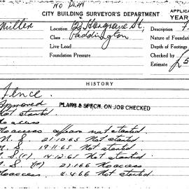 Building Inspectors Card: 123 Hargrave Street, Paddington. Application to build fence. Work not 