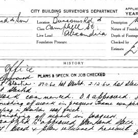 Building Inspectors Card: Burrows Rd & Campbell St, Alexandria. Office, approved 23/10/1964. 1 Card.