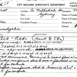 Building Inspectors Card: 30 Nithsdale St, Sydney. Alts & Adds, approved 2/07/1968. 1 Card. 