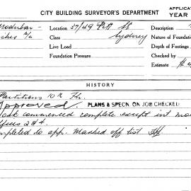 Building Inspectors Card: 37/49 Pitt Street, Sydney. Application to erect partitions, 10th floor. 1 