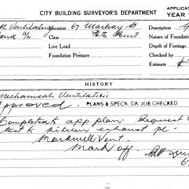 Building Inspectors Card: 67 Macleay Street, Potts Point. Application to install mechanical 