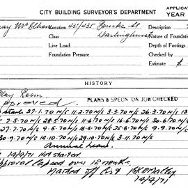 Building Inspectors Card: 431/435 Bourke Street, Darlinghurst. Application to build Play Room. Work 