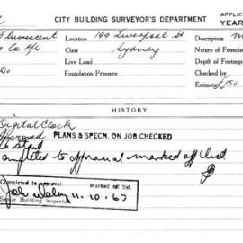 Building Inspectors Card: 199 :iverpool Street Sydney. Digital clock. 1 card.