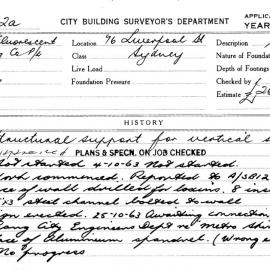 Building Inspectors Card: 76 Liverpool Street Sydney. Structural support for vertical sign. 1 card.