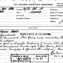 Building Inspectors Card: 80/82 Pitt Street, Sydney. Application to form access panels. 1 Card.