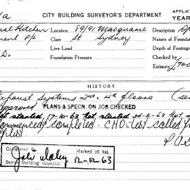 Building Inspectors Card: 89-91 Macquarie Street Sydney. Exhaust systems 2nd & 4th floors. 1 card.