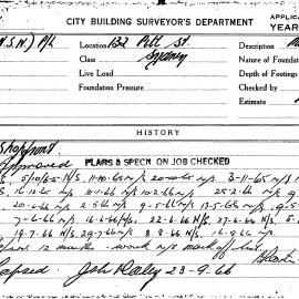 Building Inspectors Card: 132 Pitt Street, Sydney. Application to build shopfront. Work not 