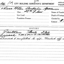 Building Inspectors Card: Australia Square, 23rd floor. Partitions Suite 2309, approved 11/06/1968. 