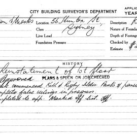 Building Inspectors Card: 56 Hunter Street, Sydney. Reinstatement of 1st floor, approved 