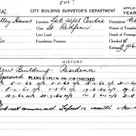 Building Inspectors Card: Lots 22-28 Central Street Redfern. New building - residence. 1 card.