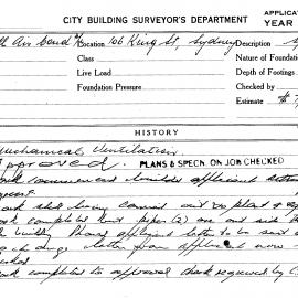 Building Inspectors Card: 106 King Street, Sydney. Mechanical Ventilation. 1 Card.