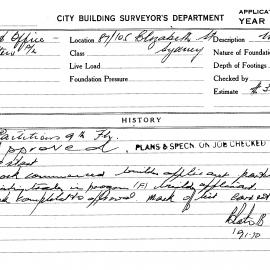 Building Inspectors Card: 87/105 Elizabeth Street, Sydney. Partitions 9th Floor. 1 Card.