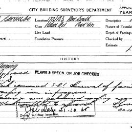Building Inspectors Card: 173/183 New South Head Road, Paddington. Awning. 1 Card.