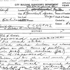 Building Inspectors Card: 14/18 Darlinghurst Road, & Barncleuth Square, Kings Cross. Alterations 
