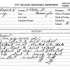 Building Inspectors Card: 17 Walter Street, Paddington. Carport. 1 Card.