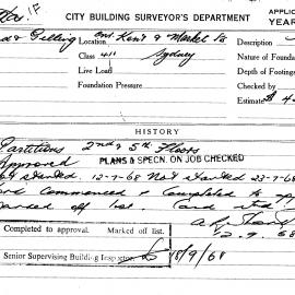 Building Inspectors Card: Cnr Kent & Market St, Sydney. Partitions 2nd & 5th floors, approved 
