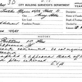 Building Inspectors Card: 46/56 Holt St, Surry Hills. Partitions 1st floor, approved 10/07/1968. 1 