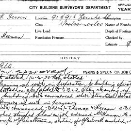 Building Inspectors Card: 91 & 91A Bourke Street, Woolloomooloo. Alterations. 2 Cards.