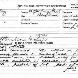 Building Inspectors Card: 559/561 King Street, Newtown. Alterations to shop. 1 Card.