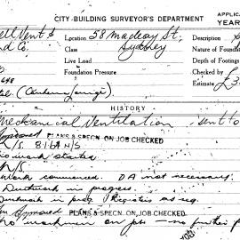 Building Inspectors Card: 58 Maclean Street, Sydney. Mechanical Ventilation. 1 Card.