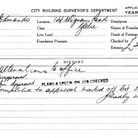 Building Inspectors Card: 144 Wignam Road, Glebe. Alterations to office. 1 card.