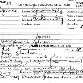 Building Inspectors Card: Sydney University. Blackburn Building. Mezzanine floor, approved 