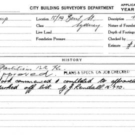 Building Inspectors Card: 15-19 Bent St Sydney. Partition 12th floor. 1 card.
