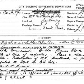 Building Inspectors Card: 257 Castlereagh Street, Sydney. Mechanical ventilation. 1 card.