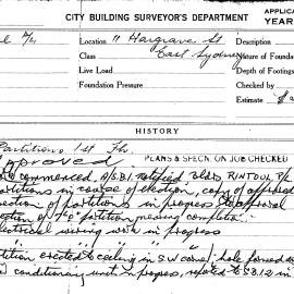 Building Inspectors Card: 11 Hargrave St East Sydney. Partitions 1st floor. 2 cards.