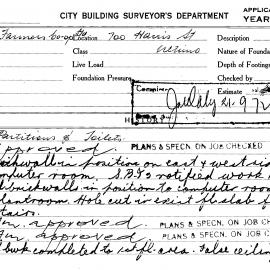 Building Inspectors Card: 700 Harris St Ultimo. Partitions and toilets. 3 cards.