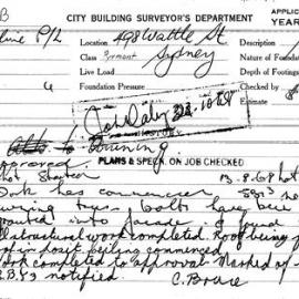 Building Inspectors Card: 498 Wattle St, Sydney. Awning, approved 30/07/1968. 1 Card.