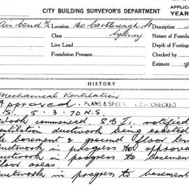 Building Inspectors Card: 160 Castlereagh St Sydney. Mechanical Ventilation. 1 card. 