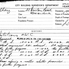 Building Inspectors Card: 23 Euston Road, Alexandria. Partitions & WC. 2 cards.