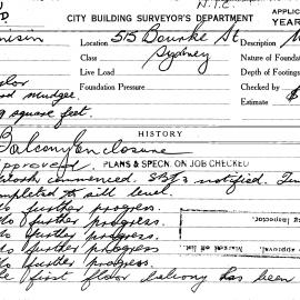 Building Inspectors Card: 515 Bourke St, Sydney. Balcony enclosure, approved 1/08/1968. 1 Card.
