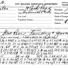 Building Inspectors Card: 19 Cook Road, Centennial Park. Store Room, laundry & garage, approved 