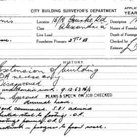 Building Inspectors Card: 16/18 Bourke Road, Alexandria. Extension of building. 1 card.