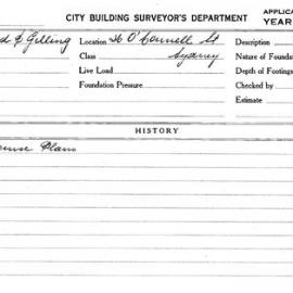 Building Inspectors Card: 26 O'Connell St Sydney. Peruse Plans. 1 card.