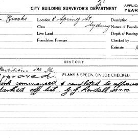 Building Inspectors Card: 8 Spring St Sydney. Partitions 3rd floor. 1 card.